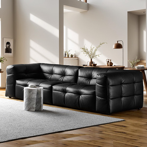 意式极简黑色真皮棉花糖沙发客厅复古三人现代专利正版中古风沙发