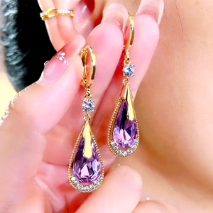 紫气东来紫色水晶耳环水滴形设计感洋气高档精致耳扣简约时尚大气
