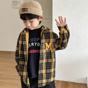 番茄弟弟【风衣】韩版男童黄色格子连帽外套衬衣儿童秋季新款百搭