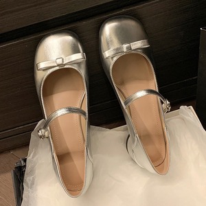 牛皮版~法式蝴蝶结玛丽珍鞋女夏季新款圆头银色粗跟单鞋jk小皮鞋