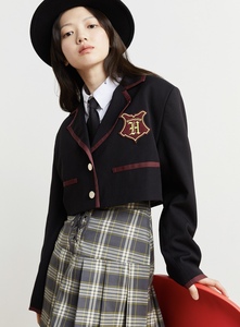 HM女装正品黑色学院风徽章贴布短款西装外套105…