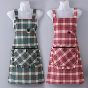 围裙工作服女家用厨房2021新款韩版罩衣时尚洋气纯棉帆布格子围腰