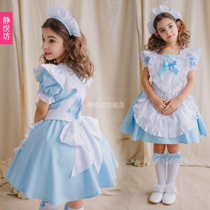 爱丽丝蓝色女童女仆装cos万圣节小公主裙萝莉幼儿园女佣酒红服装
