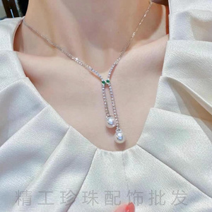 DIY配件新款s925纯银双珠珍珠项链时尚名媛气质优雅双层项链 空托