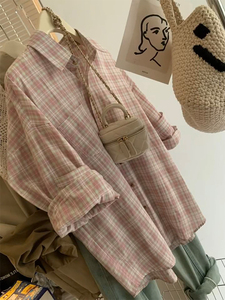 法式气质粉色格子棉麻衬衫女装夏季2024新款长袖防嗮外套上衣衬衣