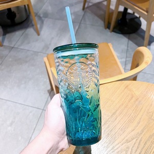 星巴克海洋系列水杯波纹渐变蓝浮雕女神海星鱼尾雅致玻璃吸管杯