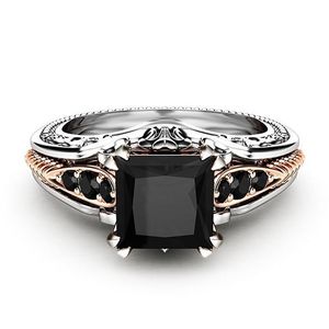 宁语ebay热卖时尚镀925银镶嵌黑色方钻公主戒指欧美订婚指环女士