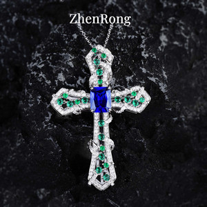 高定珠宝设计款蓝宝石吊坠轻奢重工祖母绿蓝钻十字架项链女