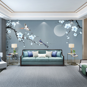 5d新中式花鸟电视背景墙纸书房梅花装饰壁布客厅沙发卧室床头墙布