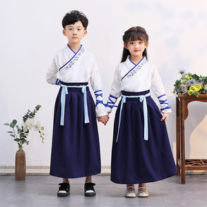 儿童古装女童汉服中国风演出服藏青色书童国学男童三字经表演服装