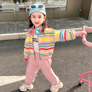 女童时髦彩条运动套装春秋款儿童韩系棒球服外套春装宝宝衣服洋气