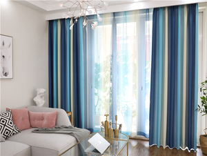 地中海美式渐变条纹加厚北欧遮光窗帘卧室客厅飘窗成品帘现代简约