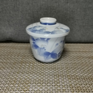 日本进口陶瓷器青花釉下彩手绘花卉纹盖杯茶杯水杯炖盅茶具茶器