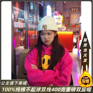 国潮hiphop火龙果玫红色连帽卫衣女2024新款慵懒美式复古情侣外套