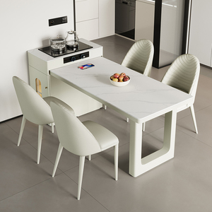 奶油风岛台餐桌一体家用小户型现代简约可伸缩岩板茶桌餐桌椅组合