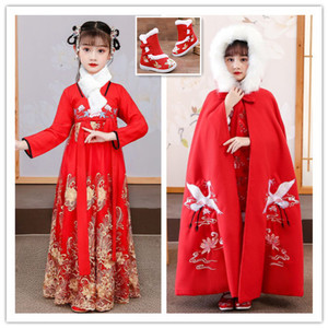 新款女童汉服儿童古装外套拜年服中国风冬季保暖裙子喜庆加绒斗篷