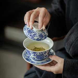 单个三才盖碗 陶瓷带盖泡茶碗大号茶杯 景德镇青花瓷碗盖茶具茶盏