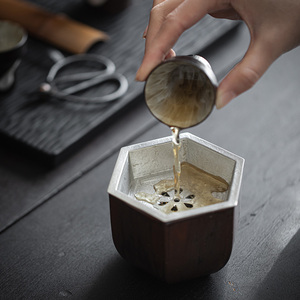 草木祠 陶瓷六角建水茶洗带锡盖 桌面茶渣缸功夫茶具杯洗水盂水洗