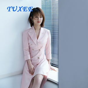 正品TUXEE艾加杨紫明星同款西装领2020秋收腰显瘦气质粉色连衣裙