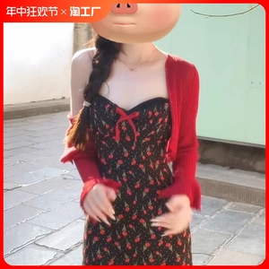 红色冰丝防晒小开衫女夏季薄款外搭小个子短款针织外套空调衫上衣