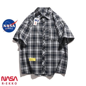NASA联名美式潮牌格纹衬衫男夏季高级感痞帅外套宽松休闲短袖衬衣
