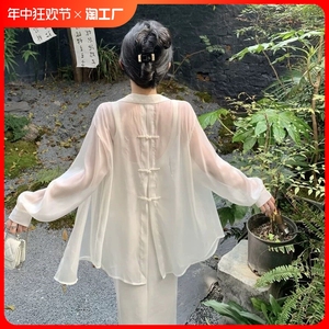 新中式白色衬衫女2024春季新款配吊带裙外搭雪纺披肩中长款防晒衣