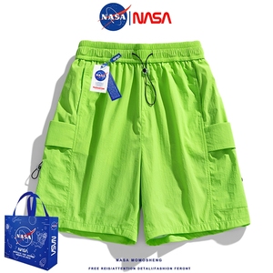NASA荧光绿工装短裤女2024年夏季中裤宽松休闲五分裤直筒男女裤子