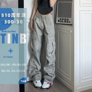 TINB美式灰色直筒复古工装裤女新款夏季高街辣妹休闲宽松跳舞裤子