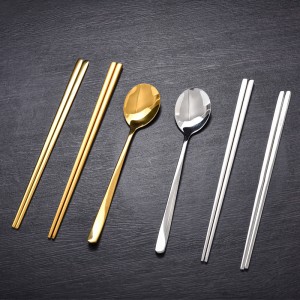 韩式金色筷子304不锈钢实心防滑扁筷子韩国餐厅料理商用餐具套装
