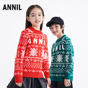 安奈儿童装男女童毛衣新年圣诞款2022冬季中大童保暖羊毛针织衫
