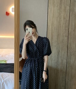 Coex Mall 首尔 西洋小白黎~韩国夏季法式复古藏青色波点连衣裙女