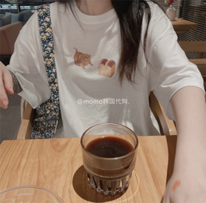 现*韩国代购小猫咪印花T恤春 小众男女情侣休闲宽松橘猫吐司短袖