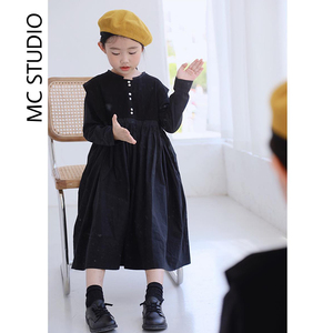 原创日系女童连衣裙假两件长袖2021春款复古赫本风黑色长裙公主裙