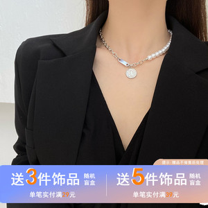 韩国东大门气质珍珠项链圆形人头像吊坠卫衣链个性不对称颈链2325