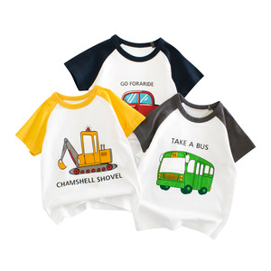 夏季新款童装男童T恤小汽车工程车公交车短袖儿童卡通拼接衣服棉