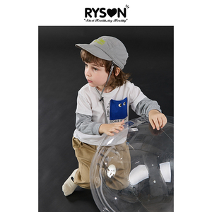 RYSON童装22秋白色假两件插肩袖蓝色眼睛贴袋时尚休闲长袖