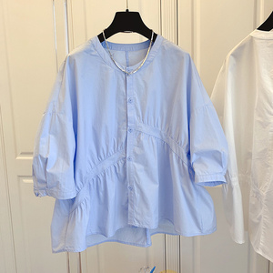 法式独特别致白色衬衫女夏季衬衣设计感小众七分袖气质蓝色小上衣