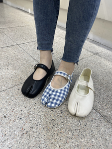 鞋子女小池在首尔2023春新款个性圆头分趾平底格子布鞋复古玛丽珍