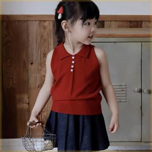 女童夏季童装2024夏新款时尚暗红色女宝宝针织背心牛仔裙裤两件套