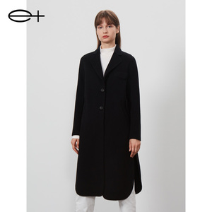 一嘉 e＋冬季新款品牌女装黑色直身廓形翻领中长款全羊毛大衣