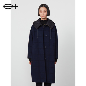一嘉 e＋冬季新款品牌女装藏青色格纹可拆卸带帽卫衣款大衣