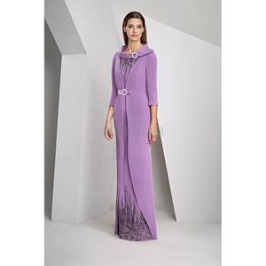 AdM西班牙紫色素缎精致花朵钉珠长裙典雅高贵商务晚宴年会礼服