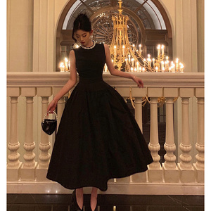 戈芙瑅 法式黑色无袖连衣裙女2024夏季新款公主大摆收腰蓬蓬长裙