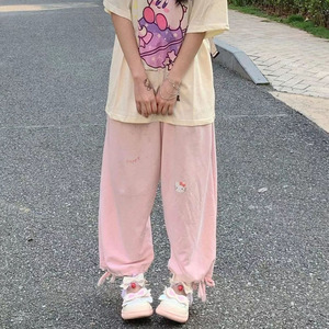 日系裤子女学生小个子ins潮粉色可爱慵懒风设计感小众宽松阔腿裤