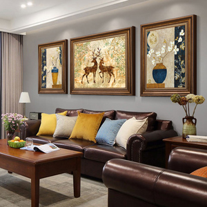 美式客厅三联装饰画鹿高档大气欧式沙发背景墙画大象招财风水挂画