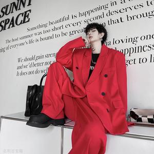 高级感炸街双排扣红色西服套装男设计感韩版网红直筒长裤两件套潮