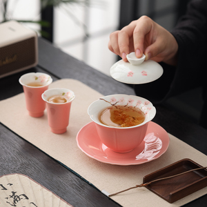 粉色三才盖碗泡茶单个中式手绘梅花釉下彩陶瓷功夫茶具带盖子茶杯