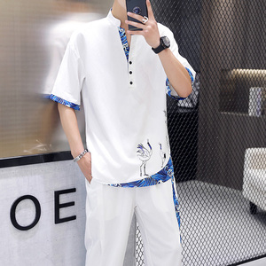 夏季休闲套装男士韩版潮流冰丝九分裤运动男装一套中国风短袖T恤