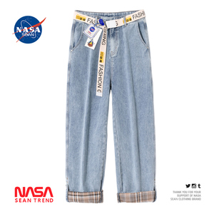 NASA联名潮牌复古格子牛仔裤男生阔腿百搭休闲长裤宽松直筒九分裤