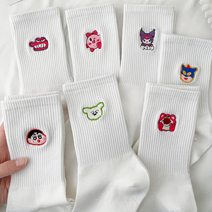 白色袜子女夏季薄款纯棉可爱卡通图案长袜日系女生学生运动中筒袜